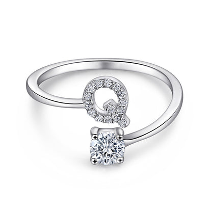 Personalized Initial 925 Silver Ring - Adjustable Alphabet Letter Band with Zirconia