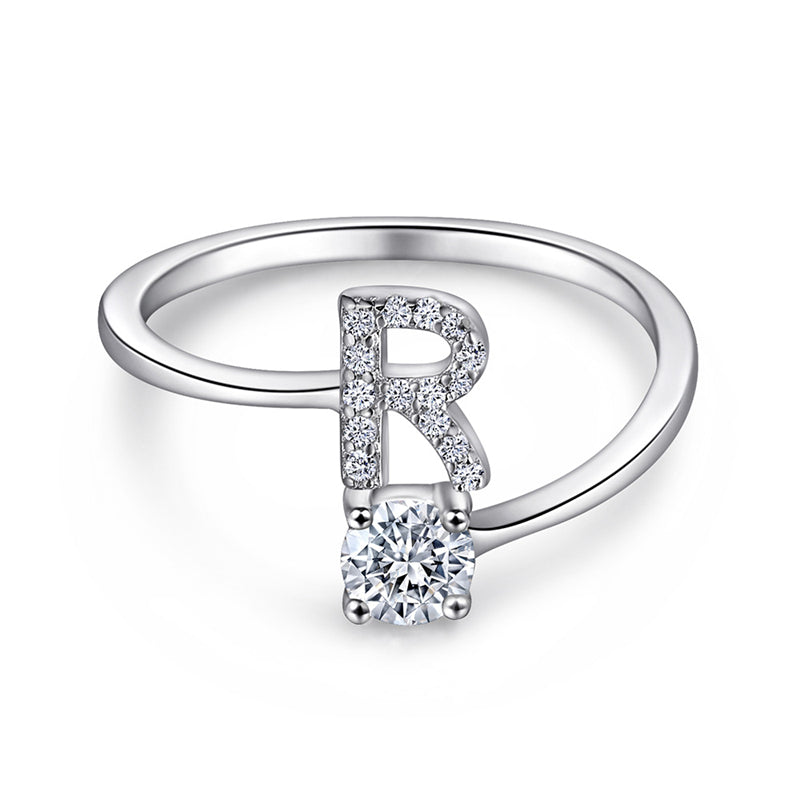 Personalized Initial 925 Silver Ring - Adjustable Alphabet Letter Band with Zirconia