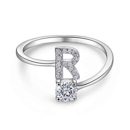 Personalized Initial 925 Silver Ring - Adjustable Alphabet Letter Band with Zirconia