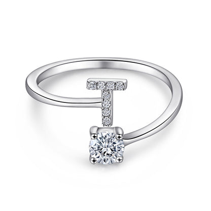 Personalized Initial 925 Silver Ring - Adjustable Alphabet Letter Band with Zirconia