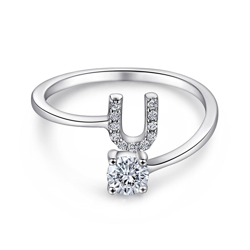 Personalized Initial 925 Silver Ring - Adjustable Alphabet Letter Band with Zirconia