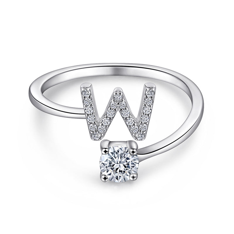Personalized Initial 925 Silver Ring - Adjustable Alphabet Letter Band with Zirconia