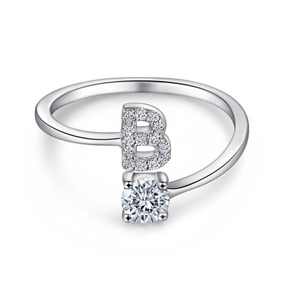 Personalized Initial 925 Silver Ring - Adjustable Alphabet Letter Band with Zirconia