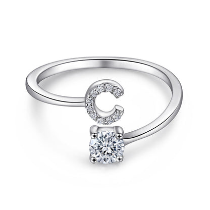 Personalized Initial 925 Silver Ring - Adjustable Alphabet Letter Band with Zirconia