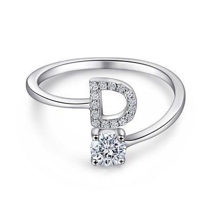 Personalized Initial 925 Silver Ring - Adjustable Alphabet Letter Band with Zirconia