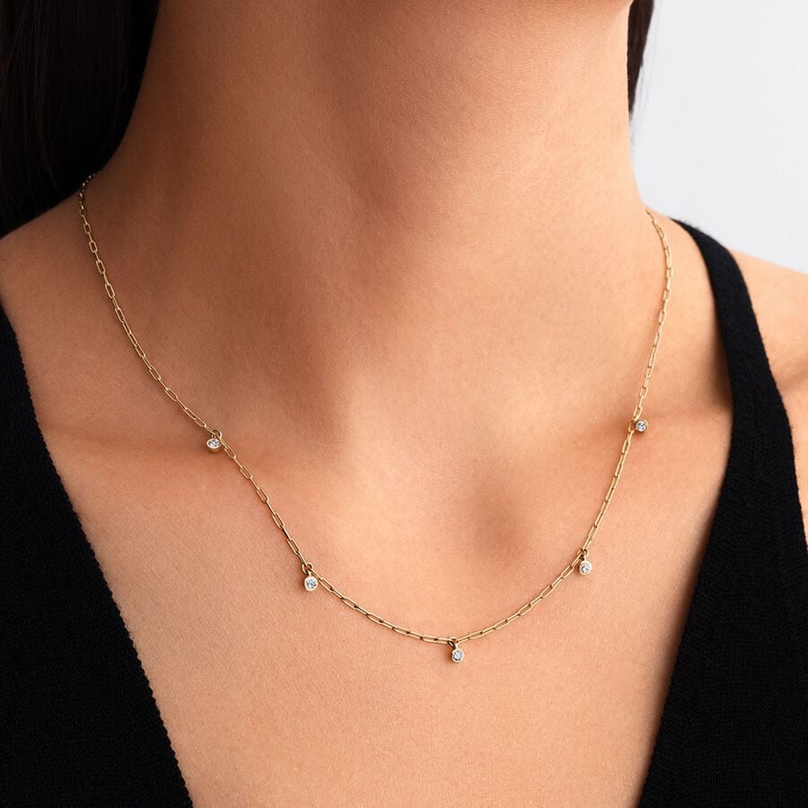 Lab-Grown Diamond Necklace - 14k Gold Paperclip Chain with Bezel-Set Diamonds