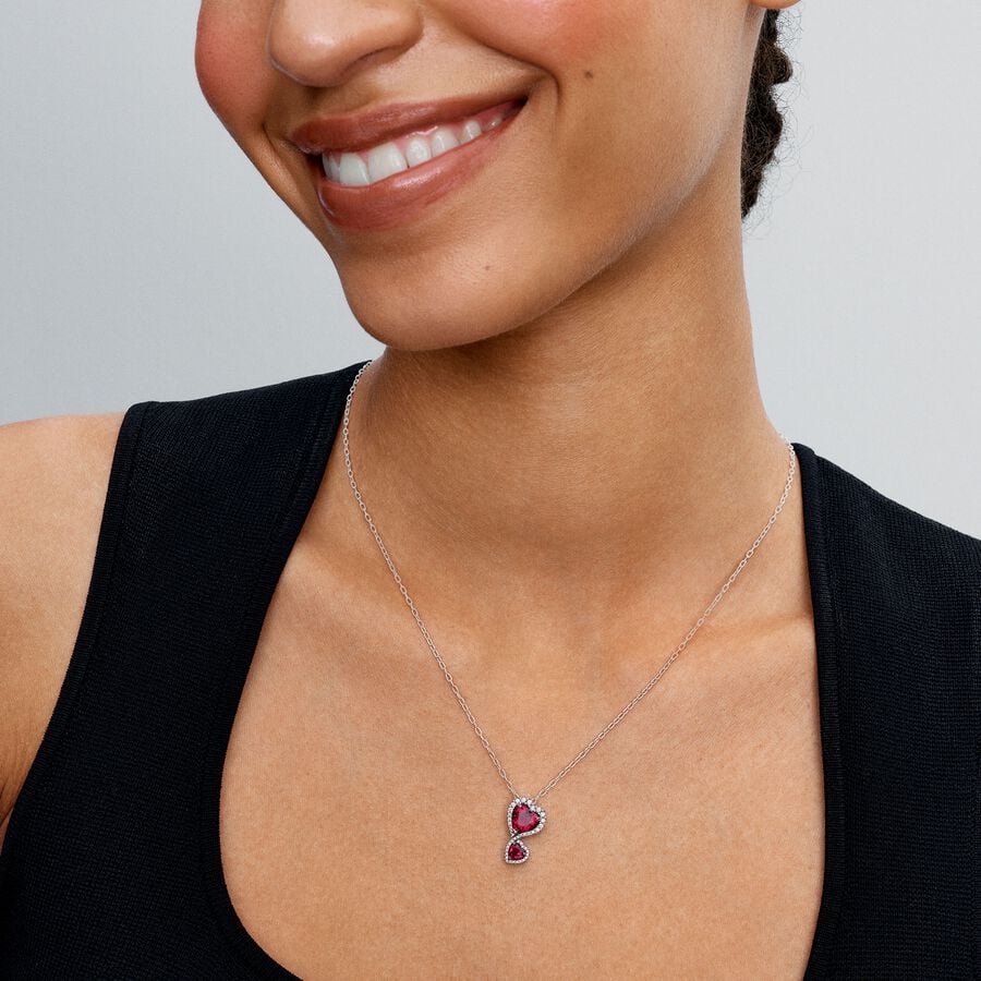 Red Halo Hearts Necklace  Sterling Silver with Red Crystals & Pavé Stones