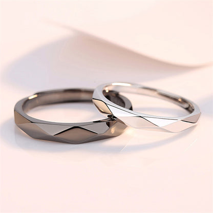 925 Silver Couple Rings – Black Geometric Grid Wedding Bands, Adjustable
