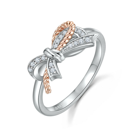 Ribbon Bow 925 Silver Ring - Elegant European-Style Band with Zirconia Accents