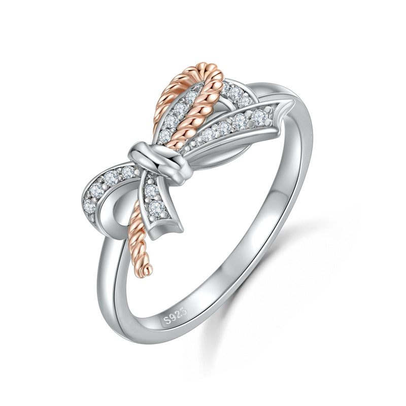 Ribbon Bow 925 Silver Ring - Elegant European-Style Band with Zirconia Accents
