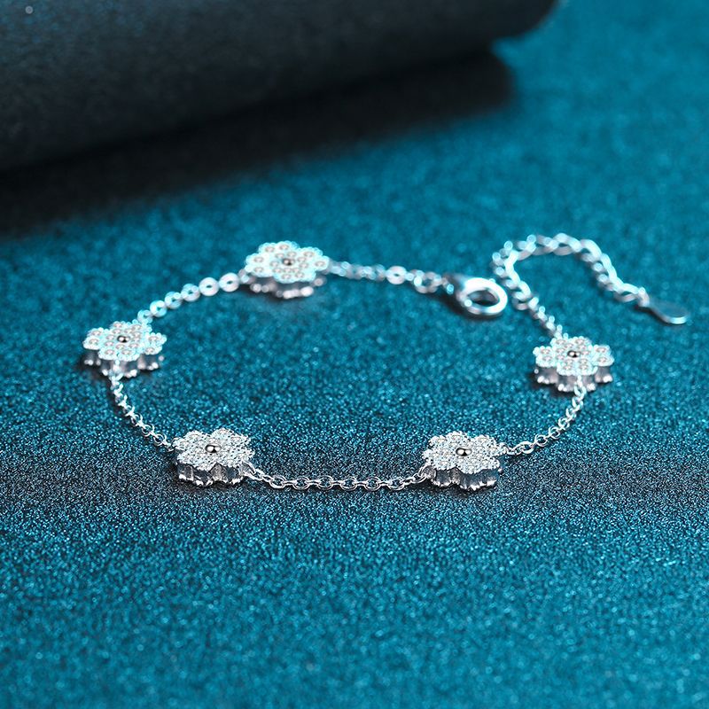 Rococo Style 5-Layer Rhodium Plated Sterling Silver Bracelet with 0.64ct Moissanite - Freesia Floral Design