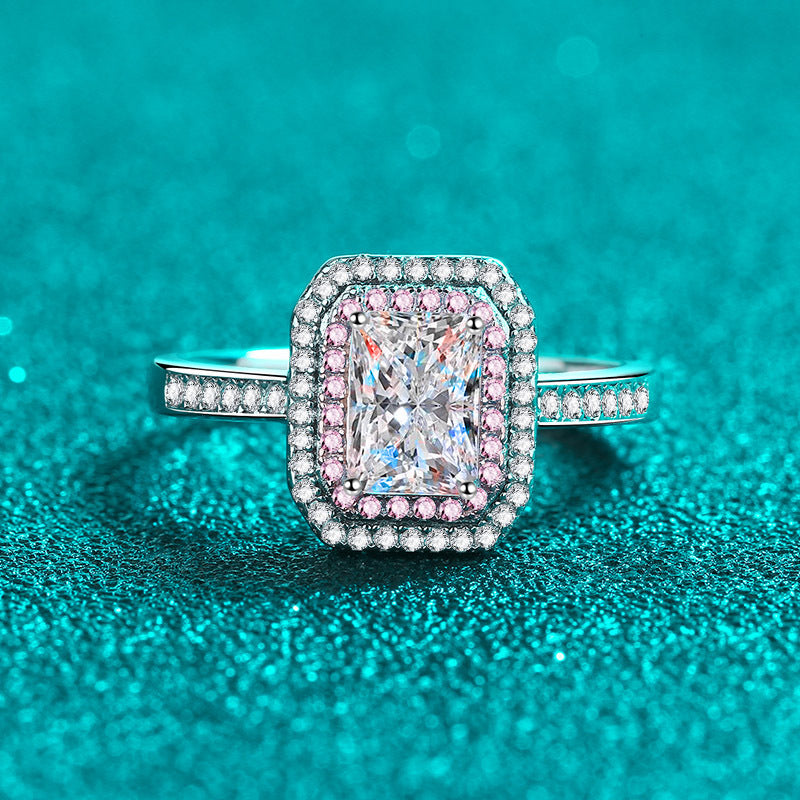 Rose Gold & Platinum Plated Radiant Cut Moissanite Ring - 925 Sterling Silver Geometric Design