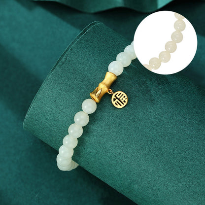 Royal Jade Leaf Bracelet 925 Silver Bamboo Beads Elegant Jewelry