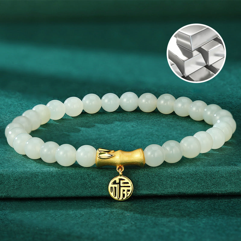 Royal Jade Leaf Bracelet 925 Silver Bamboo Beads Elegant Jewelry