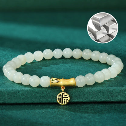Royal Jade Leaf Bracelet 925 Silver Bamboo Beads Elegant Jewelry