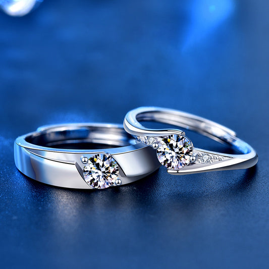 S925/S999 Sterling Silver Couple Rings with 0.5ct Moissanite White Gold Plated Geometric Matching Wedding Bands (Adjustable)