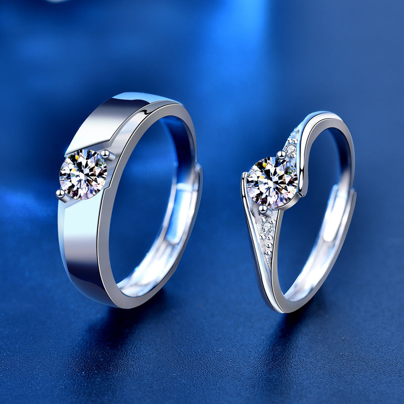 S925/S999 Sterling Silver Couple Rings with 0.5ct Moissanite White Gold Plated Geometric Matching Wedding Bands (Adjustable)