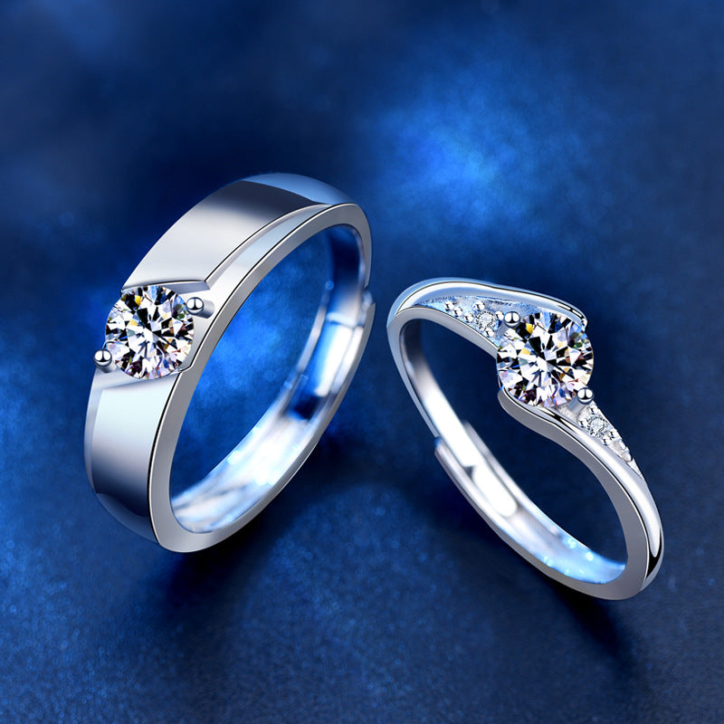 S925/S999 Sterling Silver Couple Rings with 0.5ct Moissanite White Gold Plated Geometric Matching Wedding Bands (Adjustable)