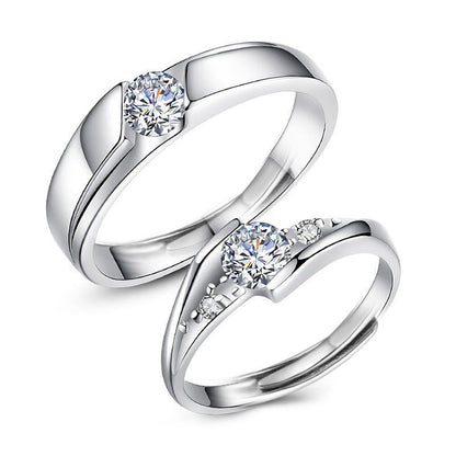 S925/S999 Sterling Silver Couple Rings with 0.5ct Moissanite White Gold Plated Geometric Matching Wedding Bands (Adjustable)