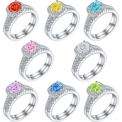 S925 Sterling Silver 1.2ct Round 100-Facet Flame Cut Ring Set - 8×8mm Colored Gemstone Jewelry