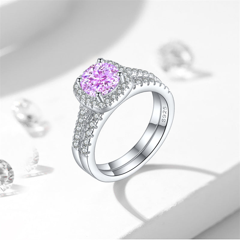 S925 Sterling Silver 1.2ct Round 100-Facet Flame Cut Ring Set - 8×8mm Colored Gemstone Jewelry
