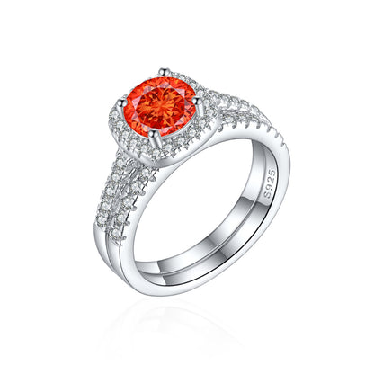 S925 Sterling Silver 1.2ct Round 100-Facet Flame Cut Ring Set - 8×8mm Colored Gemstone Jewelry