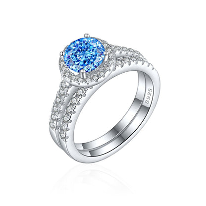 S925 Sterling Silver 1.2ct Round Flame-Cut Ring Set - 7×7mm Colored Gemstone Stackable Jewelry