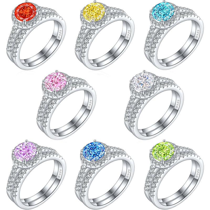 S925 Sterling Silver 1.2ct Round Flame-Cut Ring Set - 7×7mm Colored Gemstone Stackable Jewelry
