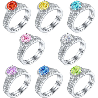 S925 Sterling Silver 1.2ct Round Flame-Cut Ring Set - 7×7mm Colored Gemstone Stackable Jewelry