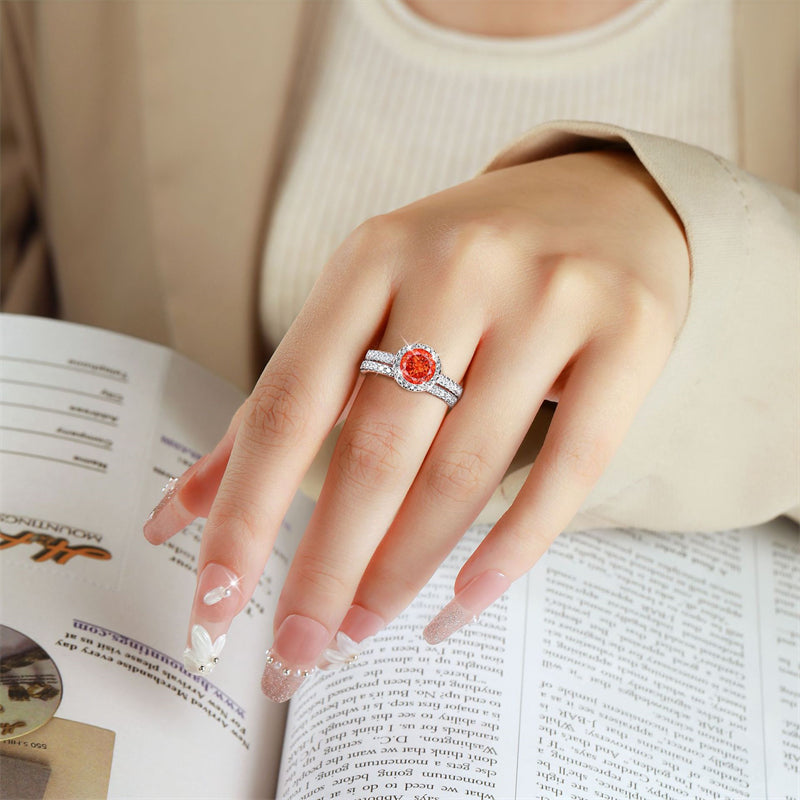 S925 Sterling Silver 1.2ct Round Flame-Cut Ring Set - 7×7mm Colored Gemstone Stackable Jewelry