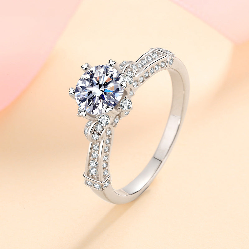 S925 Sterling Silver 1ct Moissanite Bridal Bouquet Six-Prong Petal Ring with Tree Motif