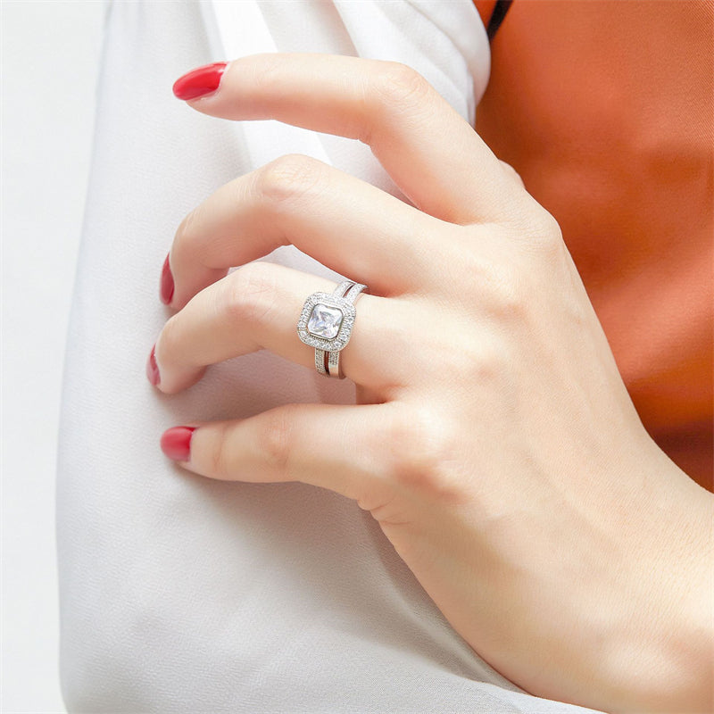 S925 Sterling Silver 2-in-1 Zirconia Ring Set – Stackable Geometric Jewelry