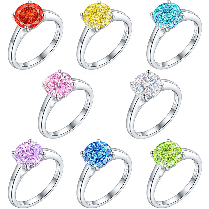 S925 Sterling Silver 2ct Round 100-Facet Flame Cut Ring - 8×8mm Floral Inspired Colored Gemstone Jewelry