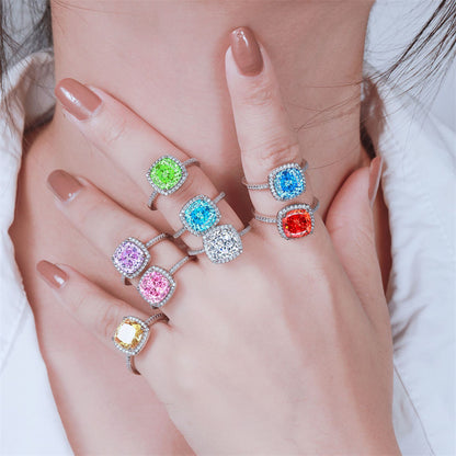S925 Sterling Silver 3.5ct Colored Gemstone Ring - Luxury Princess Cut Flame Jewelry