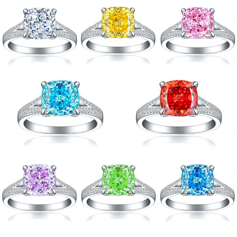 S925 Sterling Silver 3.5ct Ice-Cut Colored Gemstone Ring - 9×9mm Statement Jewelry