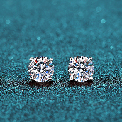 S925 Sterling Silver 4-Prong Stud Earrings with Moissanite – Sparkling Geometric Earrings for Women