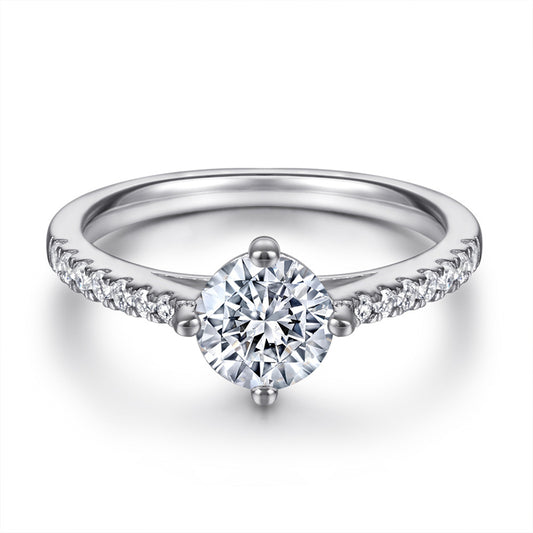 S925 Sterling Silver 4-Prong Wedding Ring – Classic Solitaire with Pavé Band