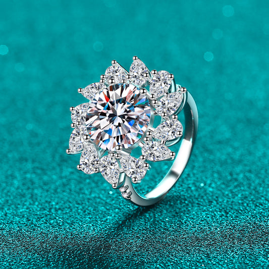 S925 Sterling Silver 5ct Pear-Shaped Moissanite Ring with Bezel Setting & Fruit Motifs