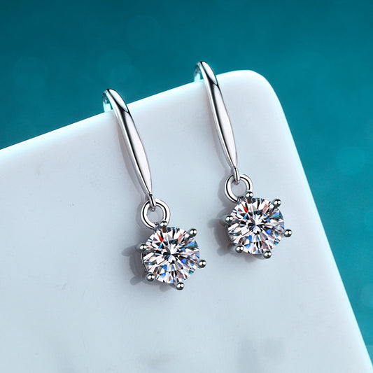 S925 Sterling Silver 6-Prong Wave Hook Earrings with Moissanite - Camellia-Inspired Dangle Earrings