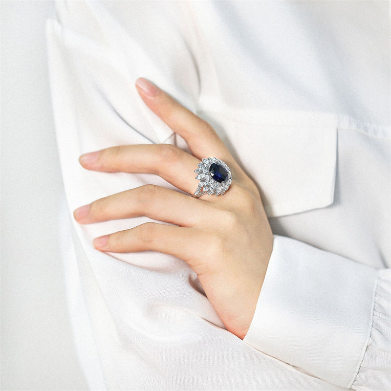 S925 Sterling Silver 6ct Blue Zirconia Floral Ring - Vintage-Inspired Statement Jewelry