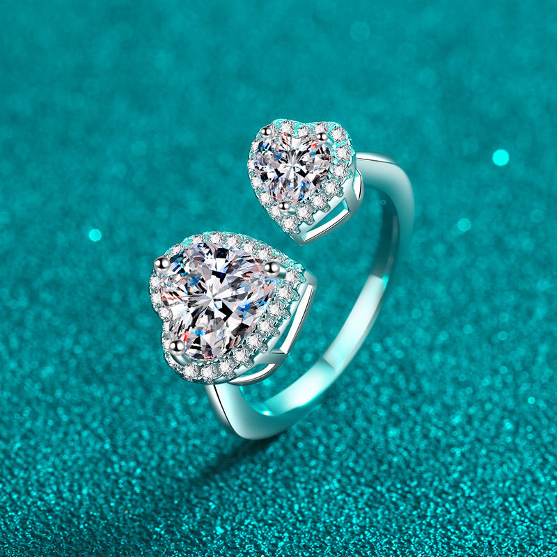 S925 Sterling Silver Adjustable Connected Hearts 2.5ct Moissanite Ring with Rose Motifs