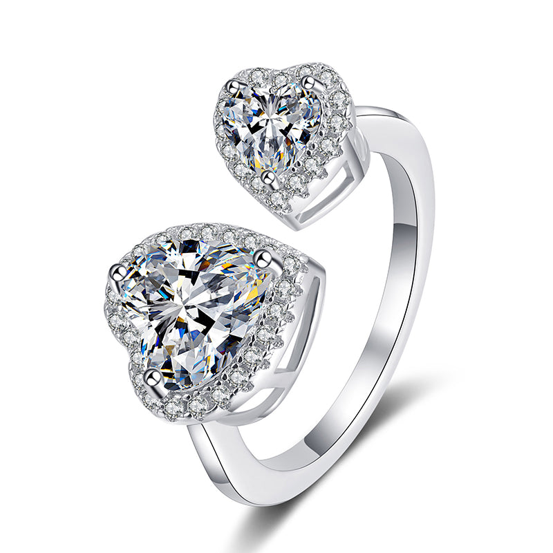 S925 Sterling Silver Adjustable Connected Hearts 2.5ct Moissanite Ring with Rose Motifs