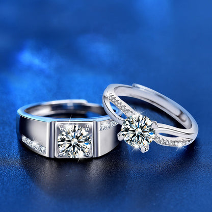 S925 Sterling Silver Adjustable Couple Rings with 1ct Moissanite - White Gold Plated Geometric Luxury Wedding Bands for Couples