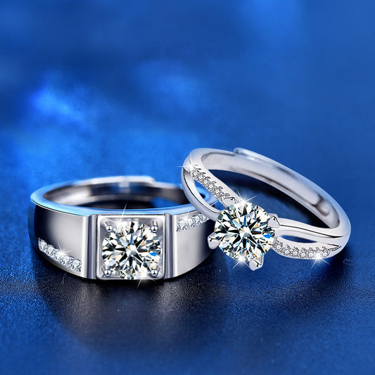 S925 Sterling Silver Adjustable Couple Rings with 1ct Moissanite - White Gold Plated Geometric Luxury Wedding Bands for Couples