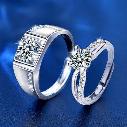 S925 Sterling Silver Adjustable Couple Rings with 1ct Moissanite - White Gold Plated Geometric Luxury Wedding Bands for Couples
