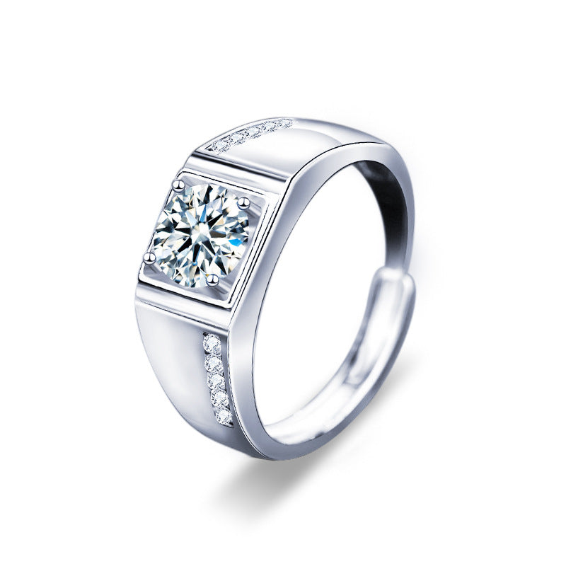 S925 Sterling Silver Adjustable Couple Rings with 1ct Moissanite - White Gold Plated Geometric Luxury Wedding Bands for Couples