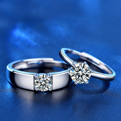 S925 Sterling Silver Adjustable Crown Couple Rings with 1ct Moissanite - White Gold Plated Minimalist Wedding Bands (His 5.5g/Hers 2g)