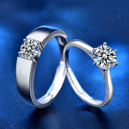 S925 Sterling Silver Adjustable Crown Couple Rings with 1ct Moissanite - White Gold Plated Minimalist Wedding Bands (His 5.5g/Hers 2g)