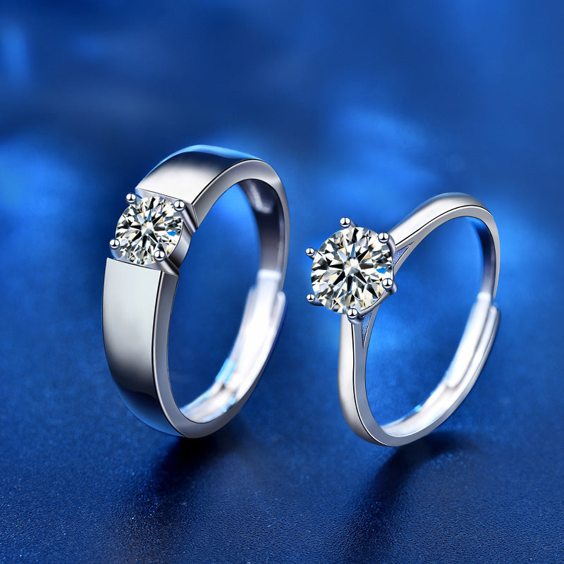 S925 Sterling Silver Adjustable Crown Couple Rings with 1ct Moissanite - White Gold Plated Minimalist Wedding Bands (His 5.5g/Hers 2g)