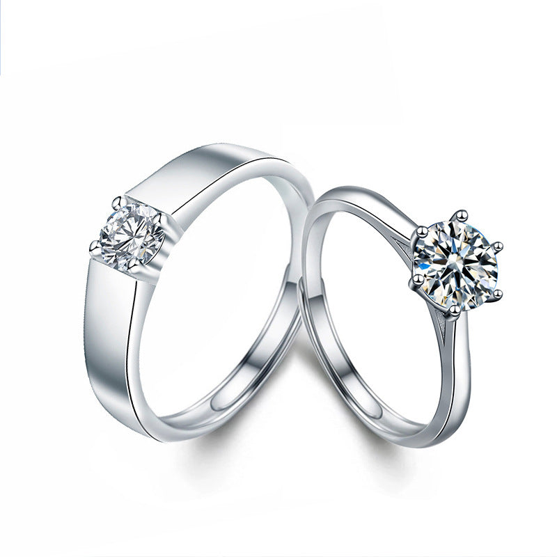 S925 Sterling Silver Adjustable Crown Couple Rings with 1ct Moissanite - White Gold Plated Minimalist Wedding Bands (His 5.5g/Hers 2g)